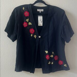 Studio 1 Black Open Front blouse with Red Floral Embroidery  size 18W nwt